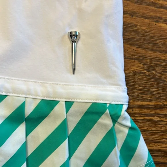 FlirTee Asymmetrical Pleated Golf Skirt White/Envy Green Stripes - Picture 6 of 16